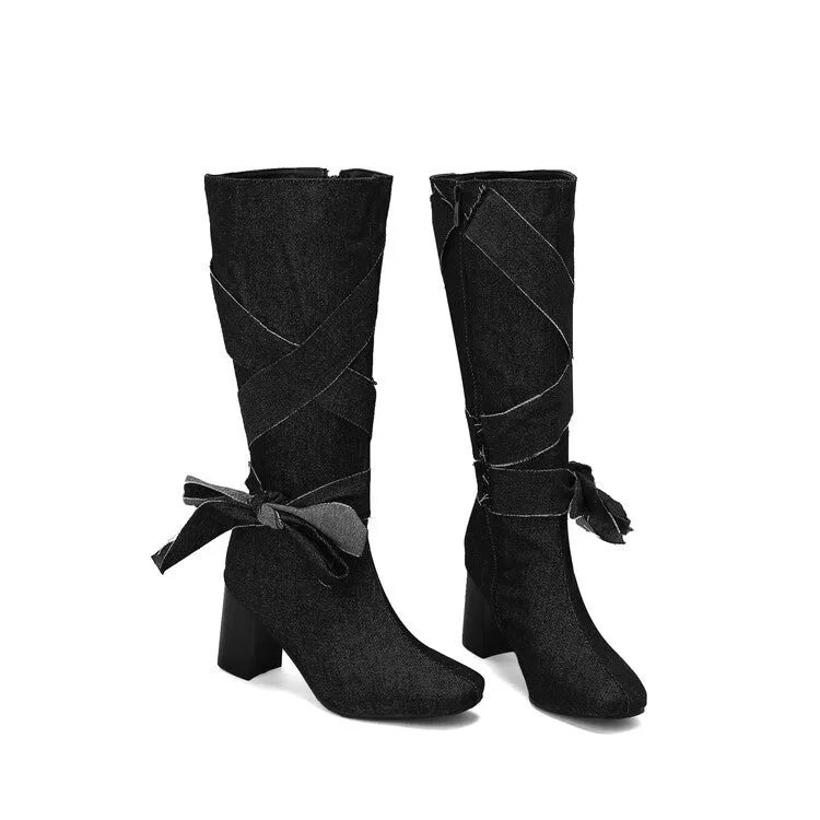 Women's Denim Bows Square Toe Block Heel Knee High Boots